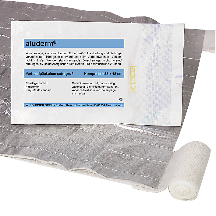 [SOH-1003203] aluderm® Verbandpäckchen extragross Kompresse 35 x 45 cm aufgesiegelt auf elastische Binde 3 m x 6 cm