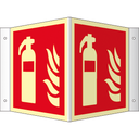 Brandschutzzeichen Feuerlöscher,  Winkelschild, ISO 7010, Kunststoff, nachleuchtend 200 x 200 mm